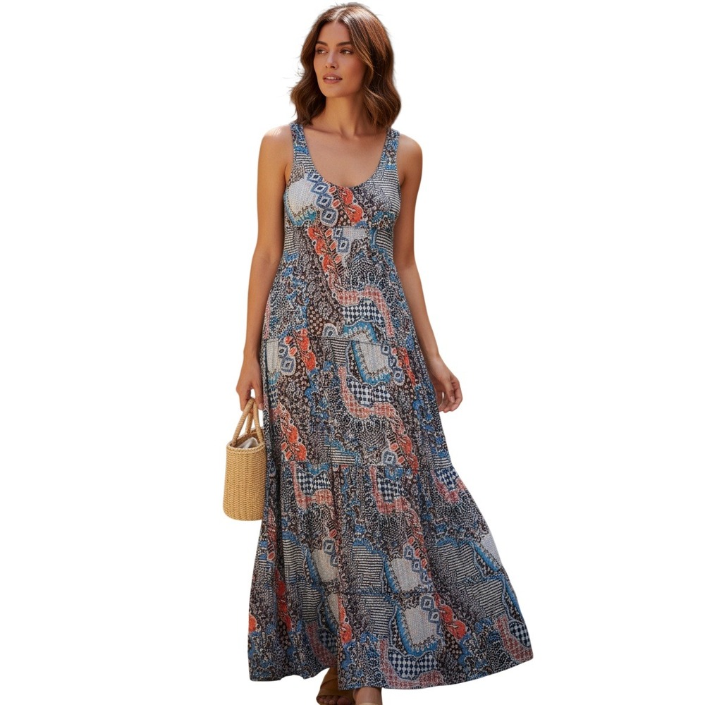 Weston Wear Mosaic Paisley Mesh Tiered Maxi Dress S Small USA Made Boho Festival